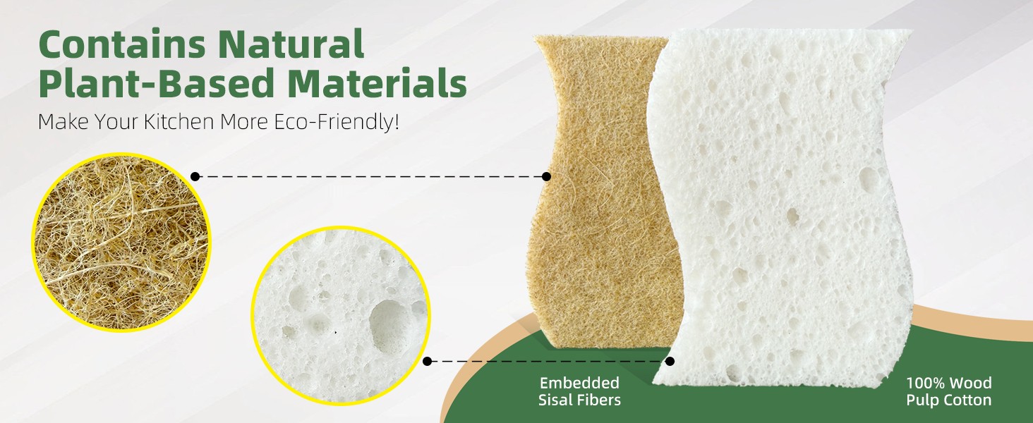 Kitchen Cleaning Sponges, Natural Cellulose Dish Sponge with Coconut Fiber
