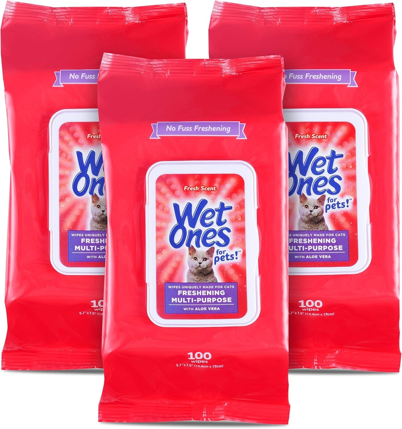 Gentle Freshening Cat Wipes with Aloe Vera, 100 ct – 3 Pack for Easy Grooming