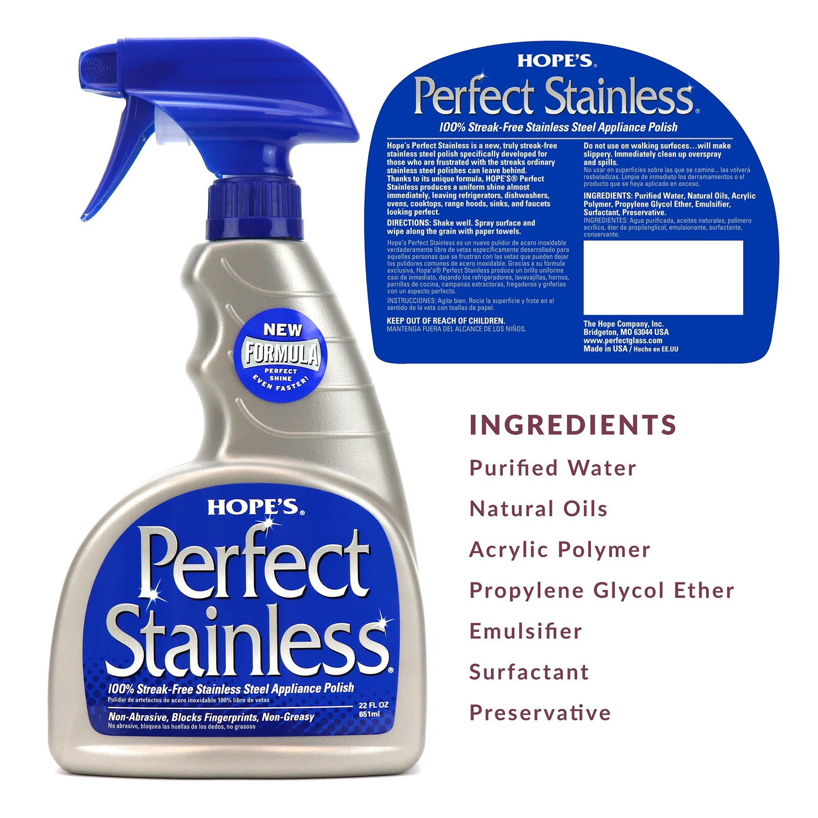 Hope’s Perfect Stainless Cleaner and Polish 22 Fl Oz Streak Free Shine