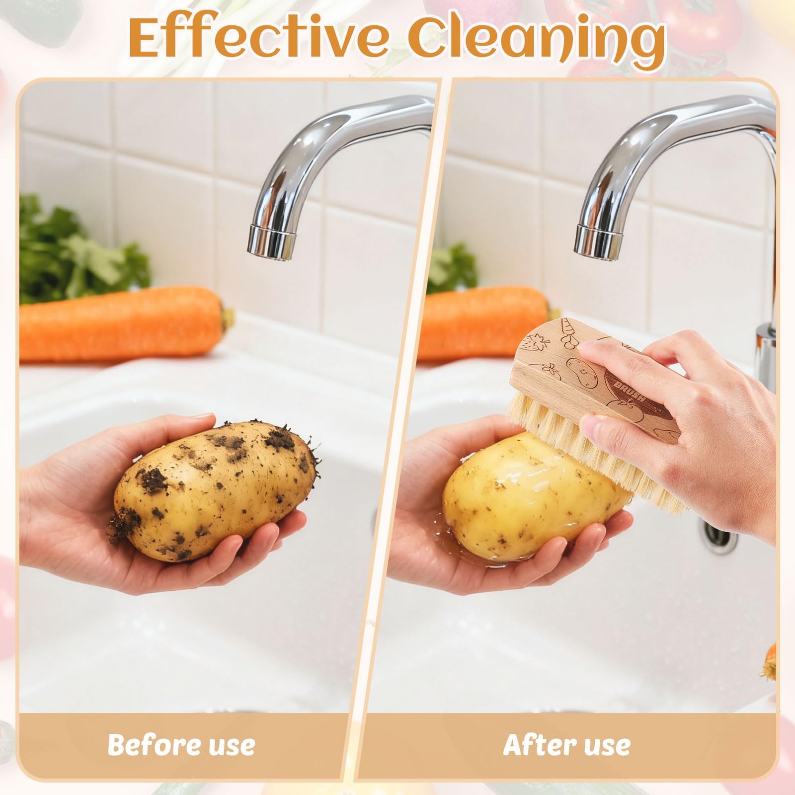 Vegetable and Fruit Cleaning Brush Scrubber Beechwood Handle Fruits Veggie Wa…