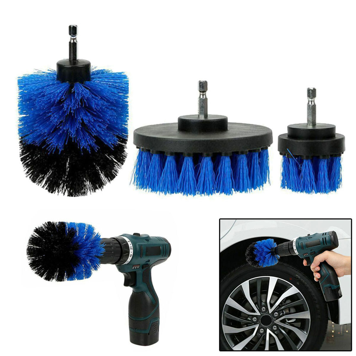 3Pcs Power Scrubber Cleaning Car Tile Grout Shower Drill Brush Set Attachment