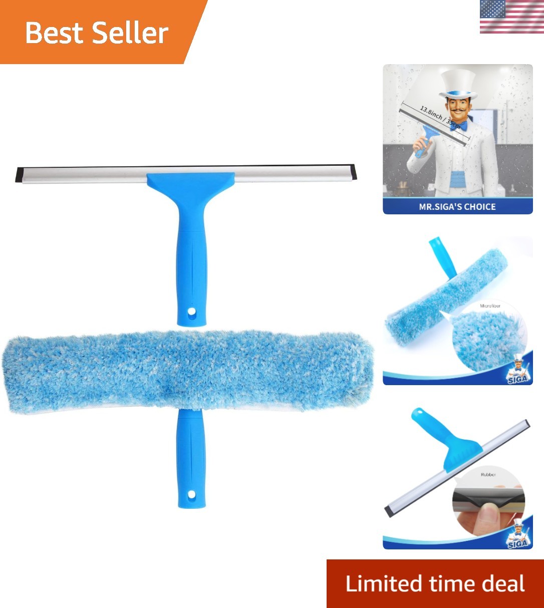 14-Inch T-Shaped Window Squeegee & Microfiber Washer – Lightweight & Durable