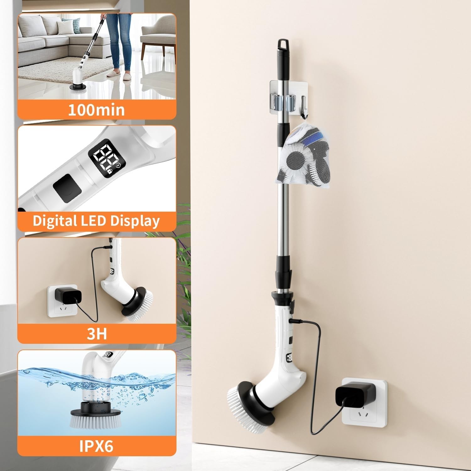 Electric Spin Scrubber for Cleaning Bathroom,Cordless Power Shower White