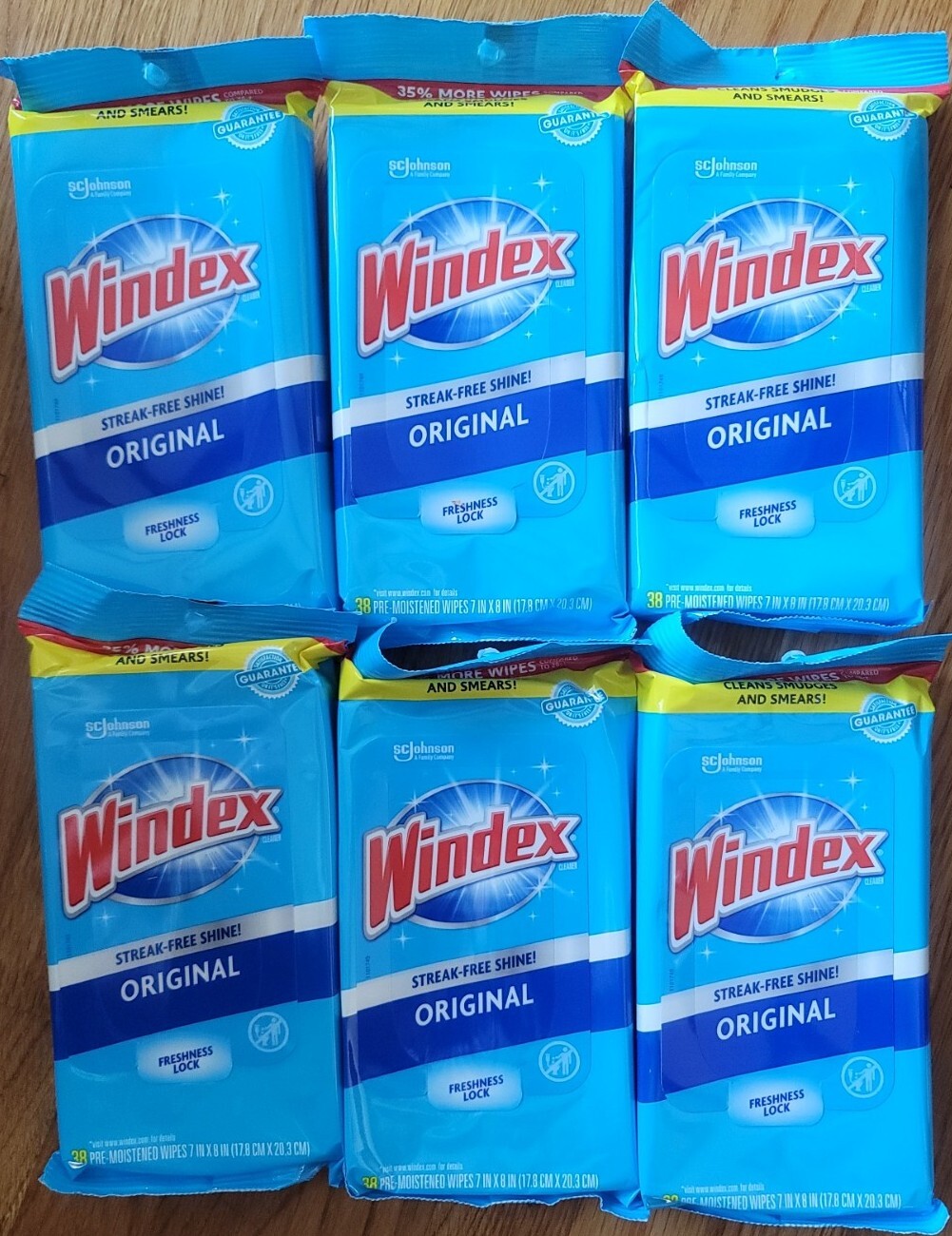 Windex Original Streak Free Wipes, 38 Pre-Moistened Wipes Each (Pack of 6)