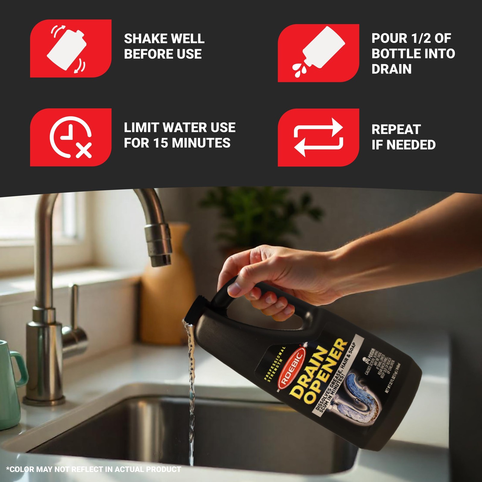 Roebic Liquid Drain Cleaner, Kitchen Sink Grease and Pipe Clog Remover 32 fl oz