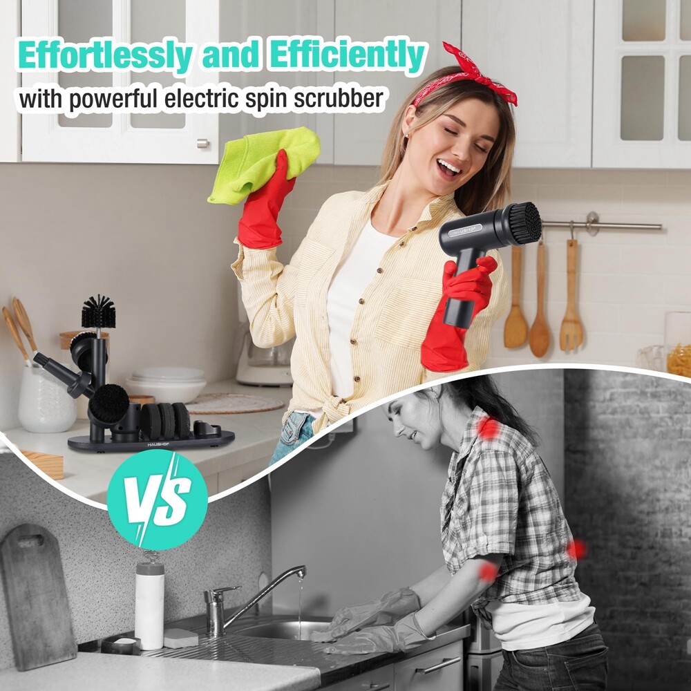 HAUSHOF Electric Spin Scrubber Cordless Cleaning Brush 8 Cleaning Heads 3 Speeds