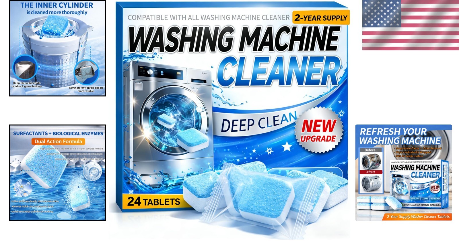 Enzyme Washing Machine Cleaner Tablets (24 Pack) – Protease Deep Clean Laundry M