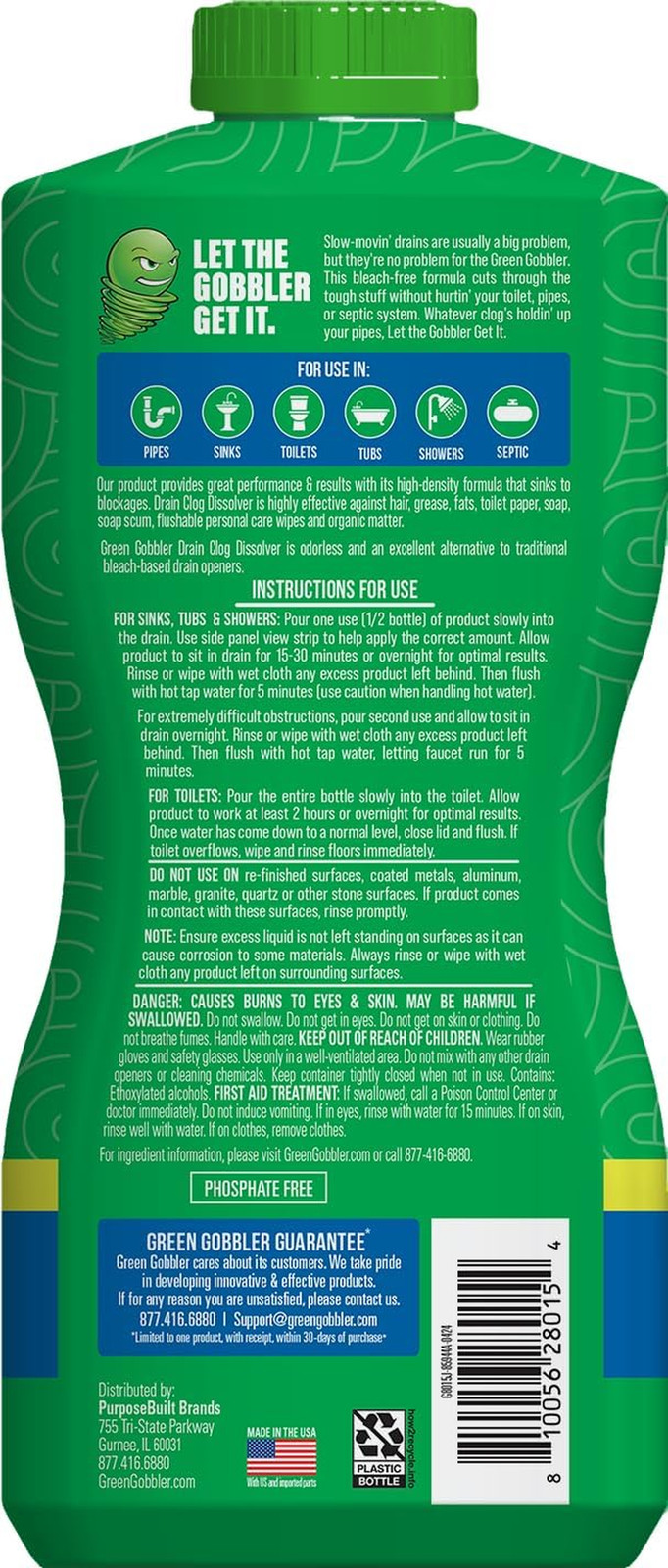 Green Gobbler Drain Clog Dissolver, Drain Opener-Cleaner ,Toilet Clog Remover, 3