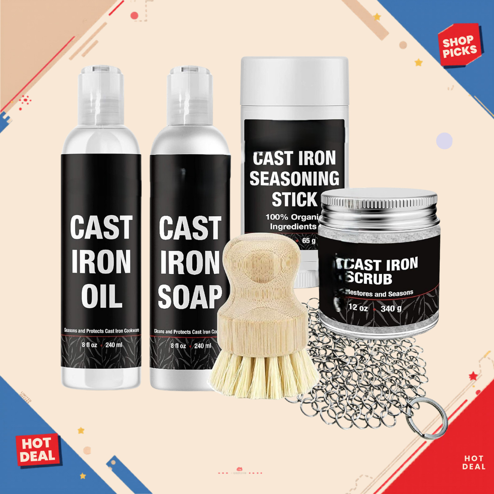 Cast Iron Cleaning Kit Soap Oil Scrubber Restore Cookware Care Set