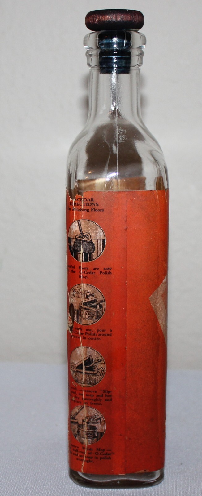 Antique O-CEDAR Polish Glass Bottle Paper Lable Wood Stopper Cap Advertising