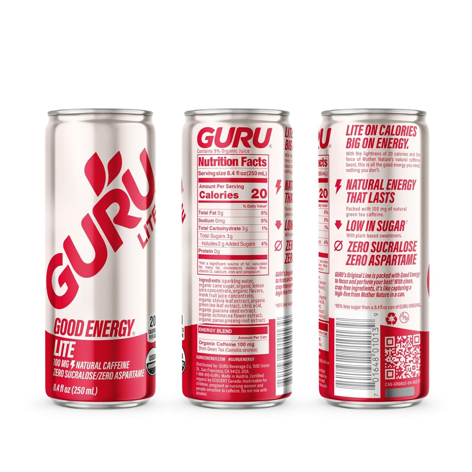 GURU Energy Drink Lite, Organic Sparkling Energy Drink with Real Fruit Juice,