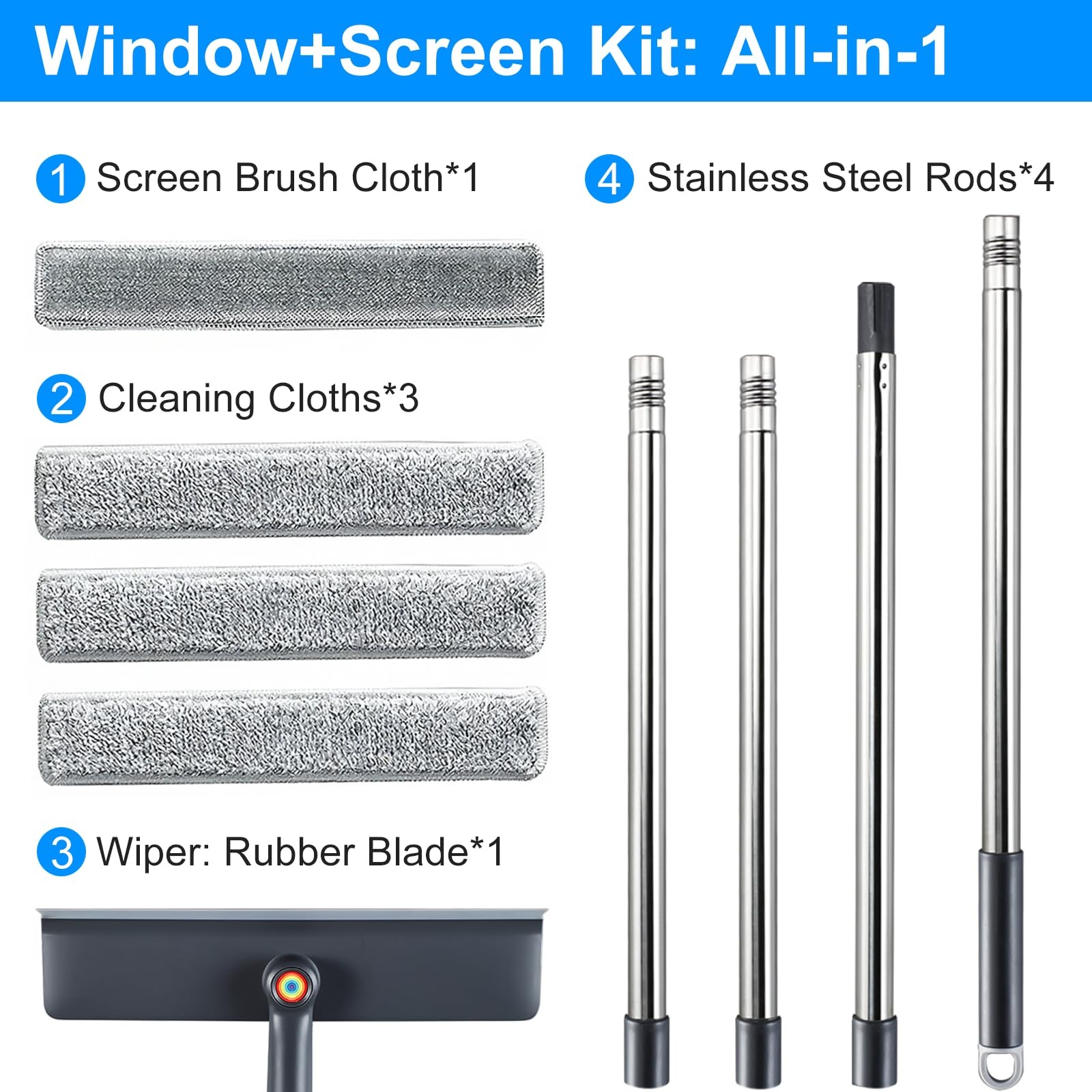 3-in-1 Window Squeegee for Home – 60″ Window Cleaning Kit with 3 Microfiber C…