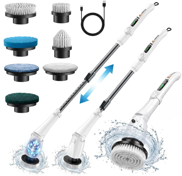 Cepillo Eléctrico Giratorio con Luz LED, 7 Cabezales y Mango Extensible, Nuevo