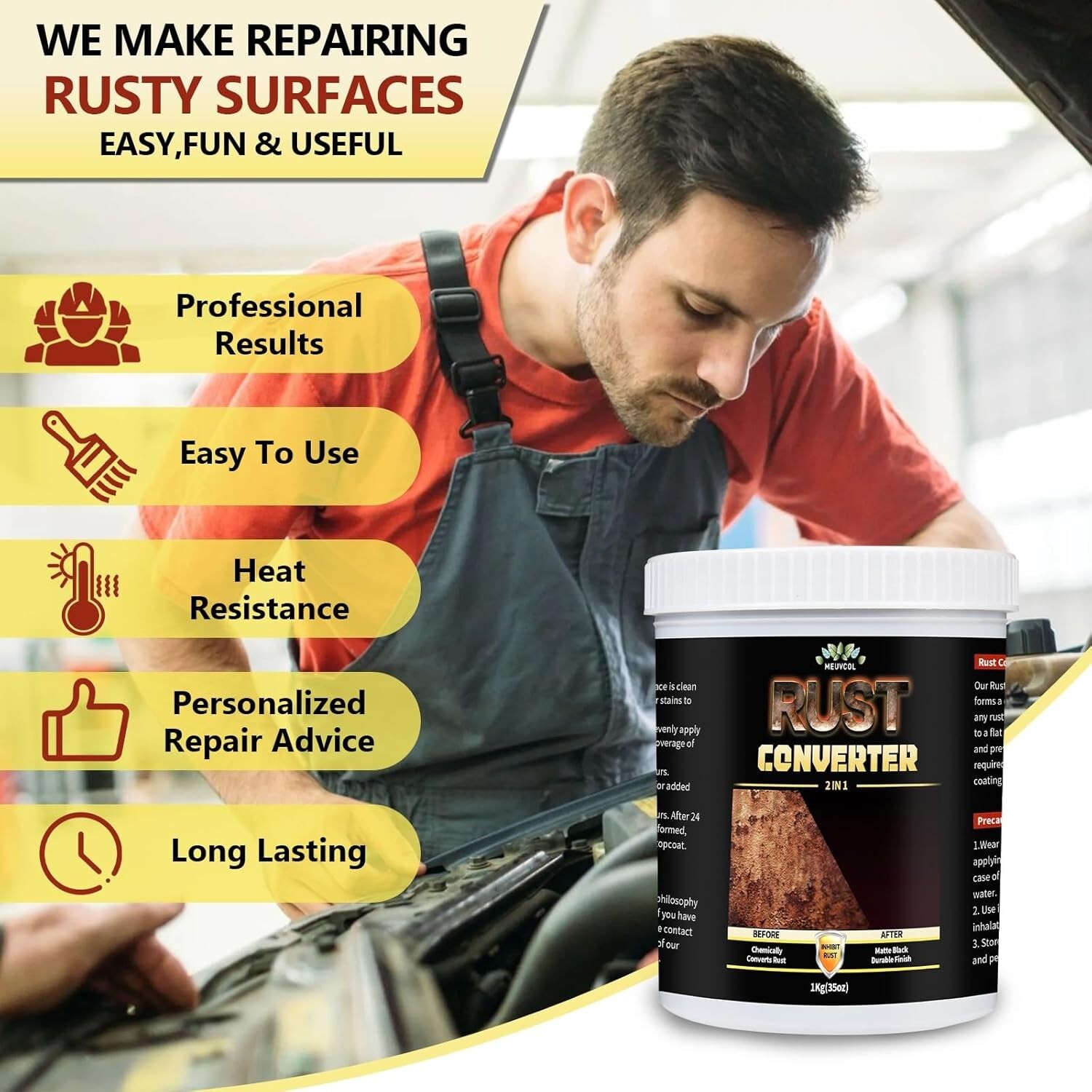 2in1 Rust Converter & Metal Primer, 35 Floz Black Rust Inhibitor Paint for Metal