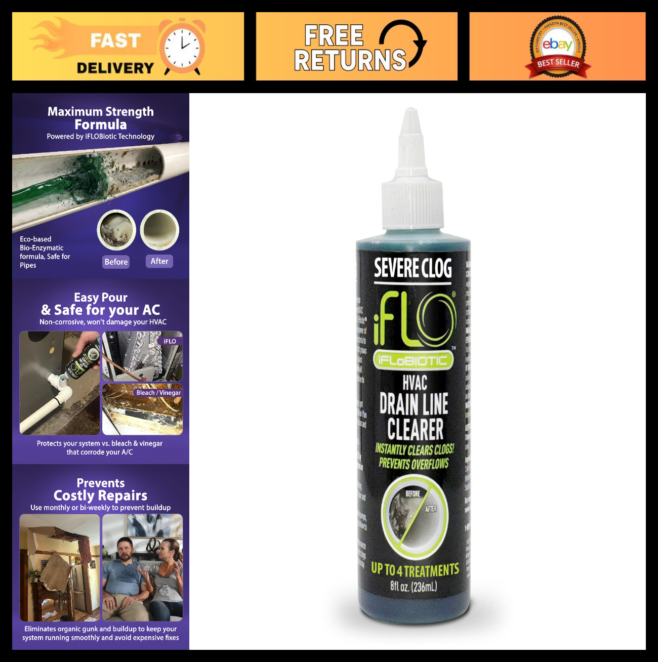 Severe Clog Relief A/C Drain Cleaner 5X Concentrate – 8oz for HVAC Maintenance