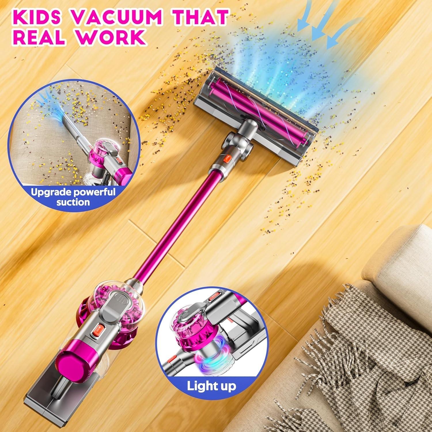 Kids Toy Vacuum Cleaner Set with Real Suction and Light, 4-in-1 Pretend Play