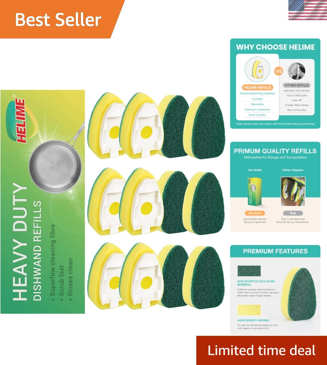 Durable Antimicrobial Dishwand Sponge Refills – 12 Non-Scratch Heads Included