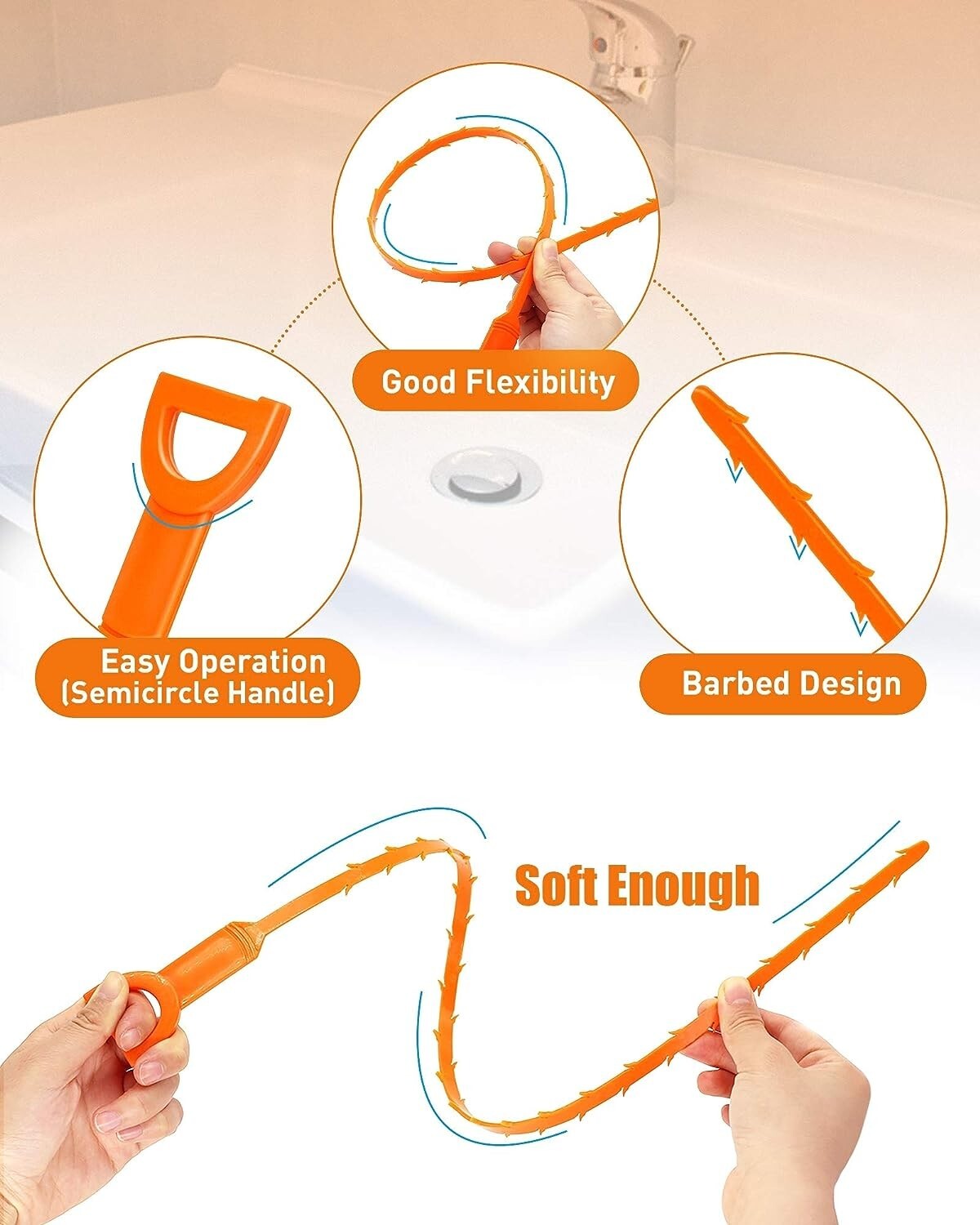 6 Pack 25 Inch Drain Auger Hair Cleaning Tool for Shower Kitchen Sink Bath Tub