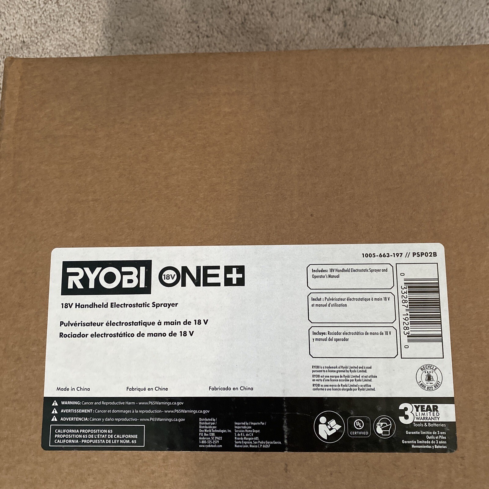 Ryobi PSP02B ONE+ 18V Cordless Electrostatic Sprayer – Green Tool And Charger