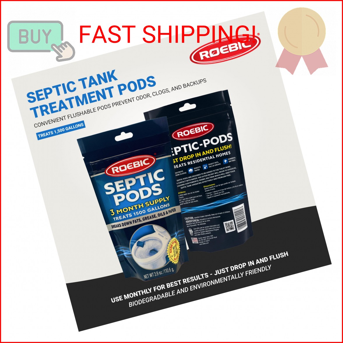 Roebic Septic Tank Treatment Pods, 3 Month Supply of Easy Flush Dissolvable Pack