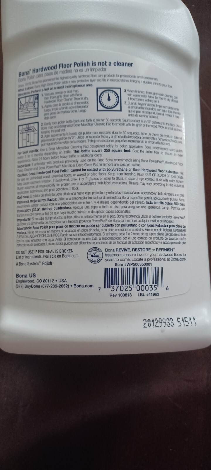 New Bona Hardwood Floor Polish High Gloss Formula Tansforms & Renews Shine 24 oz