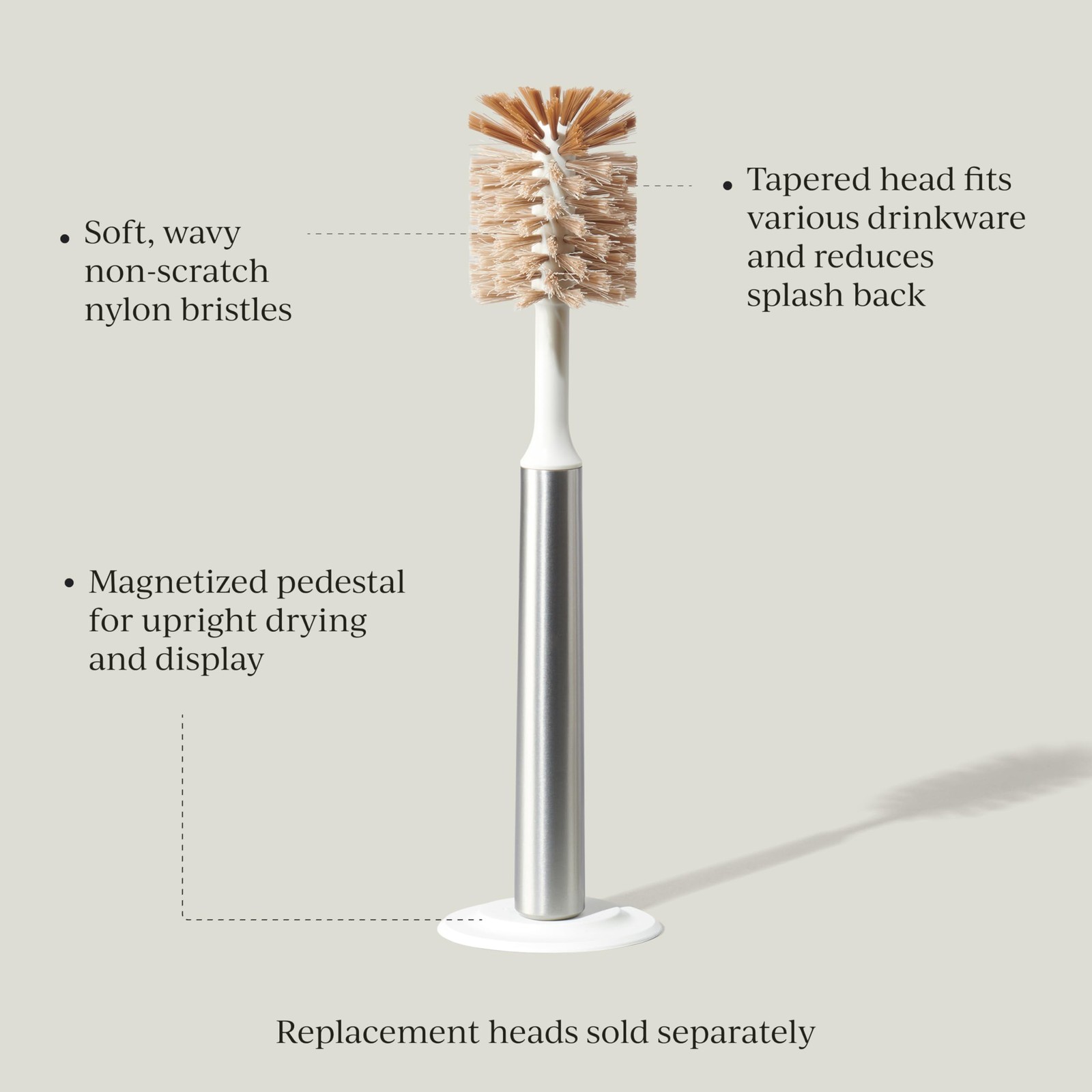 Ionic Bottle Brush, Magnetized to Stand Upright, Stainless Steel with Replace…
