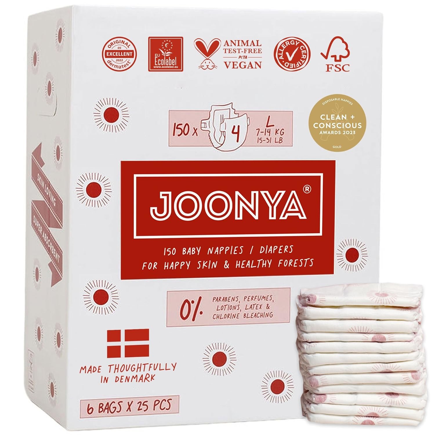 Joonya Baby Diapers, Size 4 L (15-31 lb) – 6 Bags of 25 (150) – Non Toxic, Eco