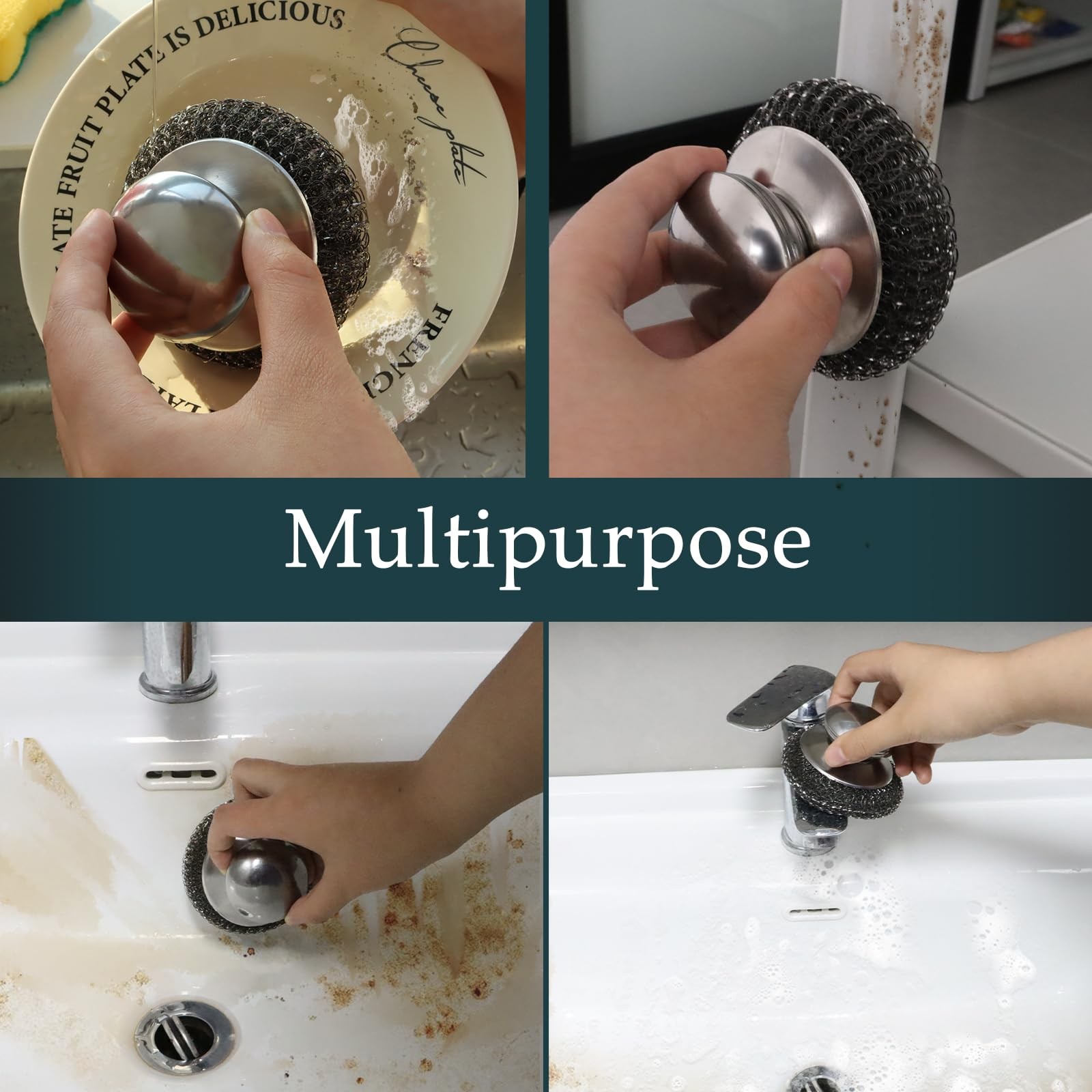 2Pcs Stainless Steel Wool Scrubber Set with Handle，2 Replacement Steel Scrubb…