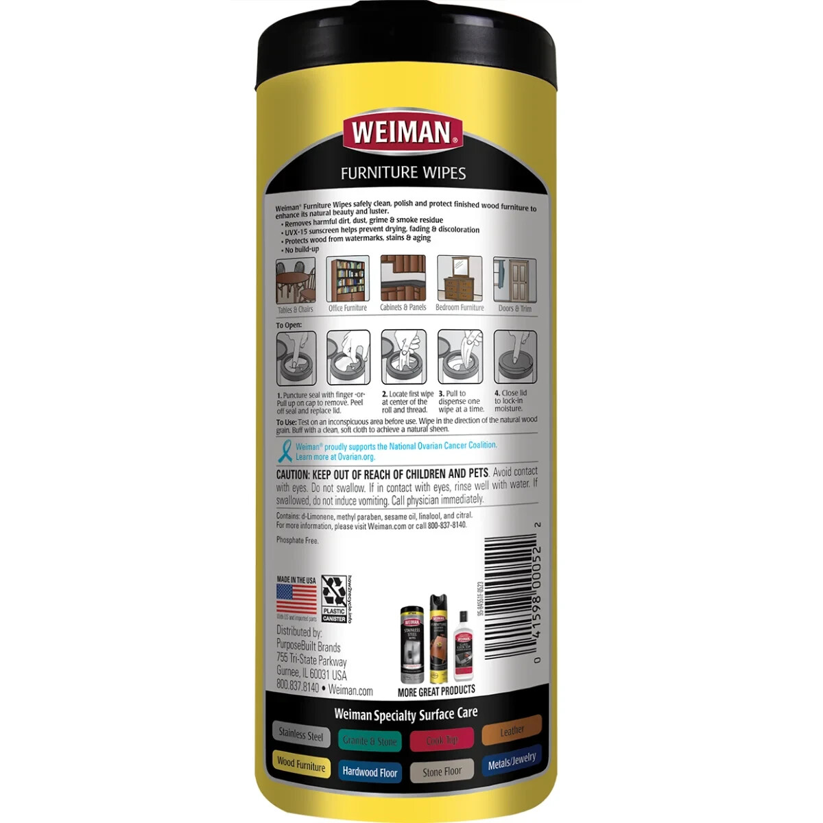 Weiman Wood Cleaner Wipes Protect Polish Furniture Non-Toxic UV Protection 30 Ct