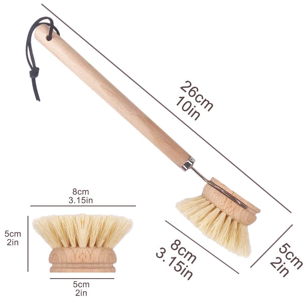 Dish Brush with Wooden Handle Natural Kitchen Brush for Dishes Vegetable Pots