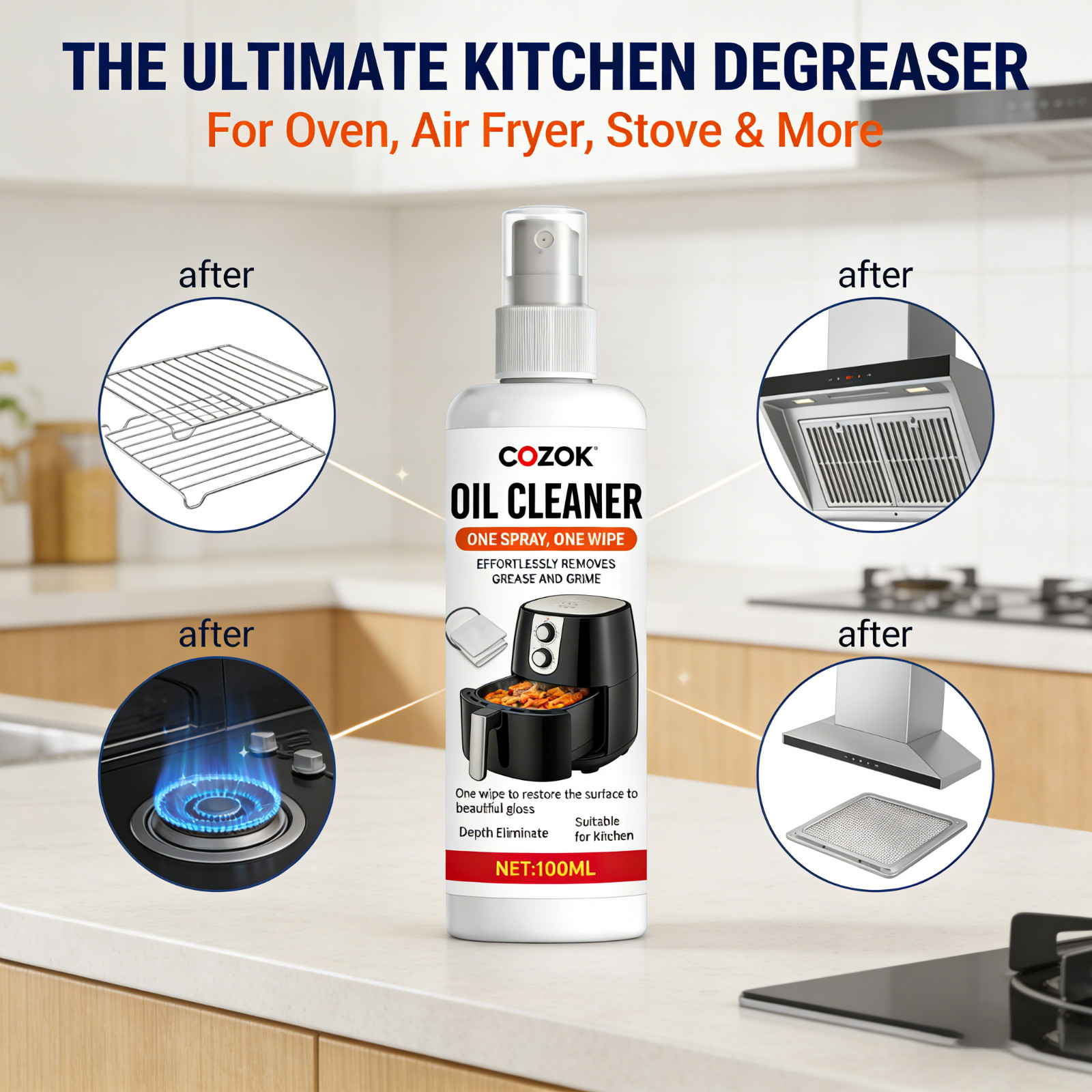Kitchen All-Purpose Degreaser – One Spray One Wipe for Stove, Oven, Hood, Air Fr