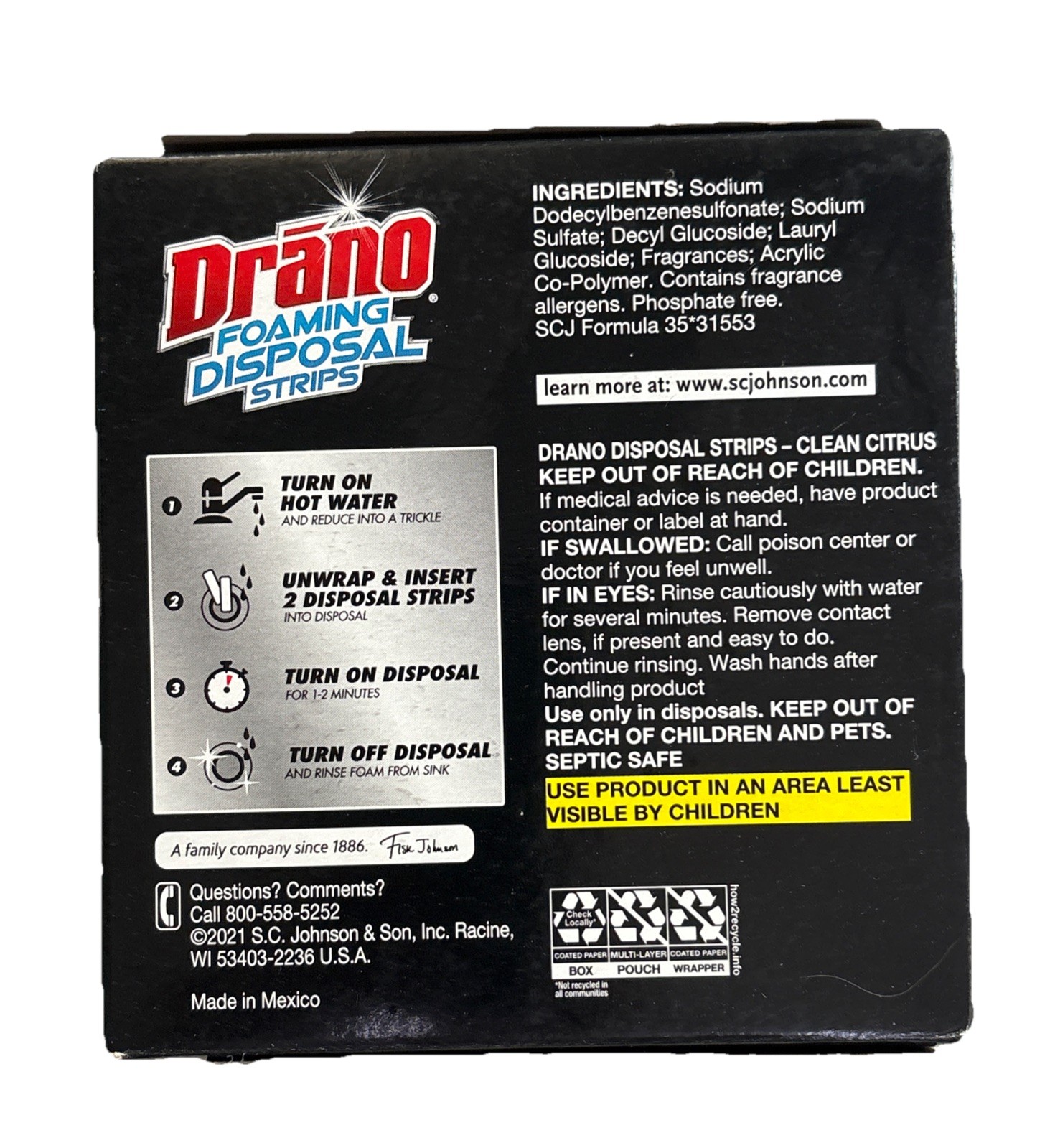 (2) NEW Drano Foaming Disposal Strips Clean Citrus Fragrance 16 Total Strips