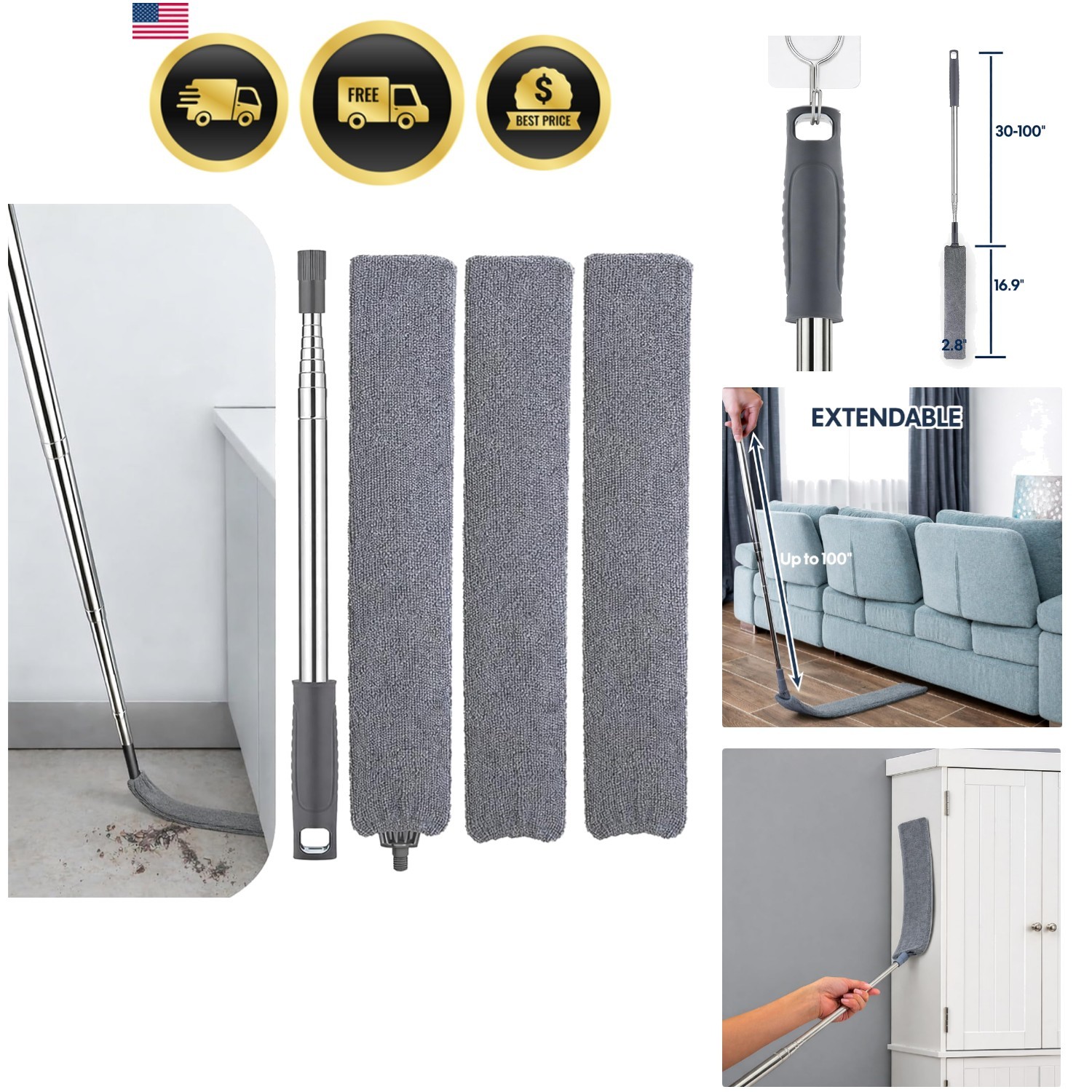 Retractable Gap Dust Cleaner with Extension Pole, Cleaning Tools with 3 Micro…