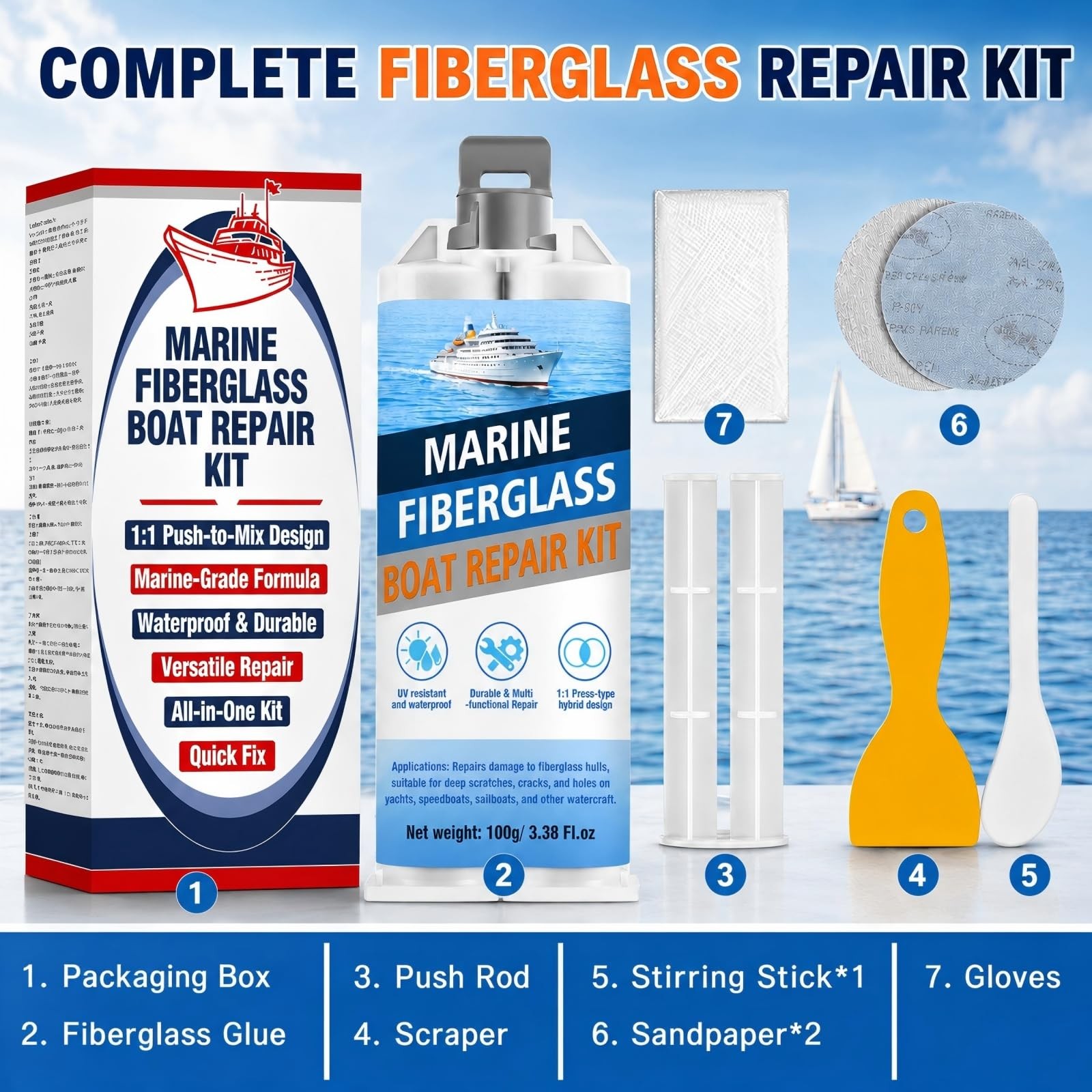 Marine Fiberglass Repair Kit for Boats, Gel Coat Repair Kit with Waterproof E…