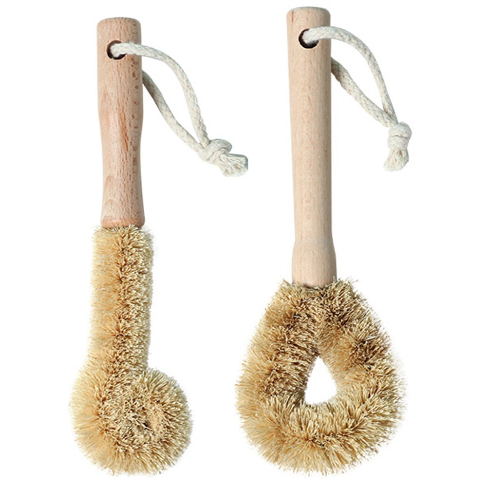 2pcs Kitchen Pot Brush Natural Bristle Wooden Handle Utensil Cleaning Brush