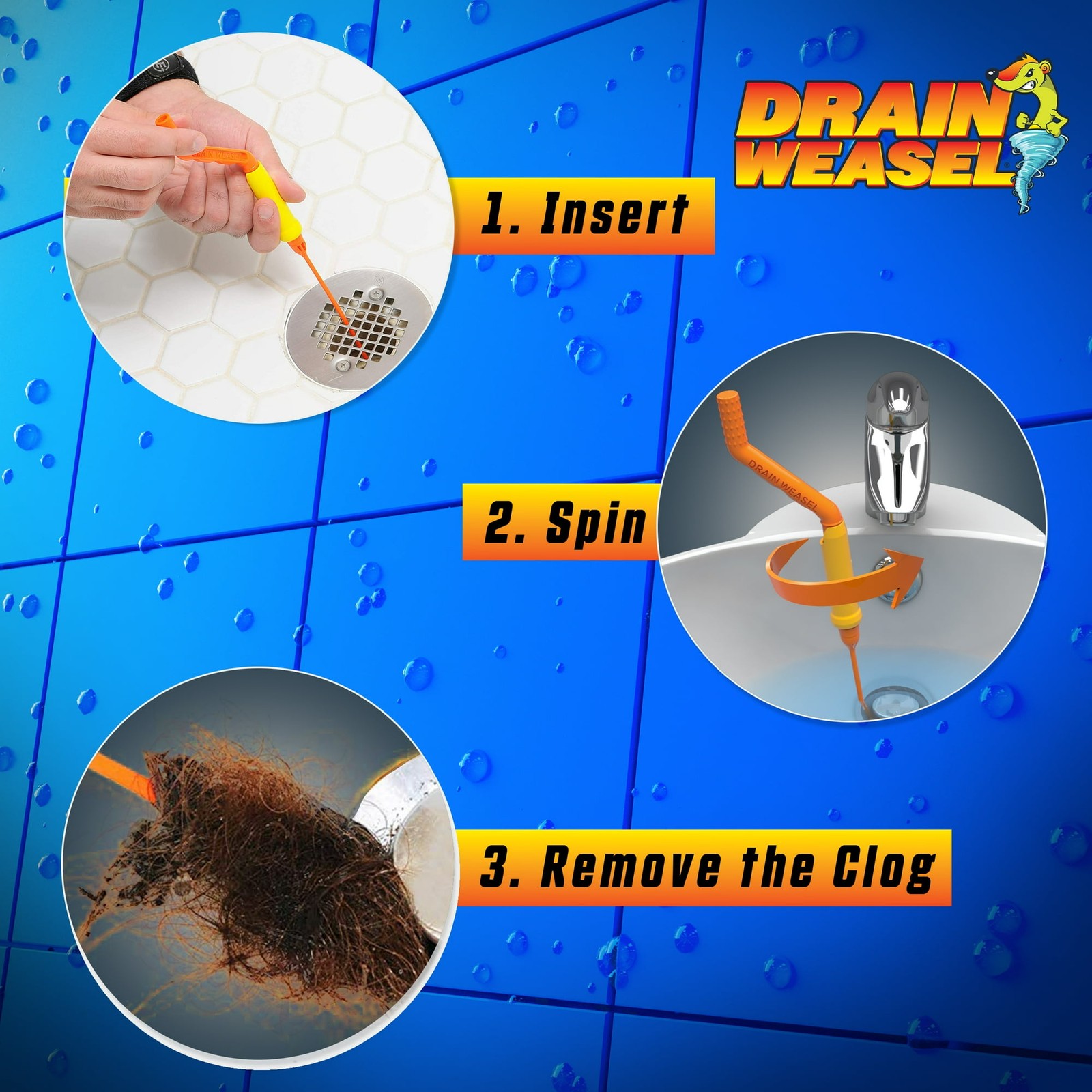 FlexiSnake Drain Weasel Hair Clog Tool Starter Kit for Drain Cleaning (3-Piece)