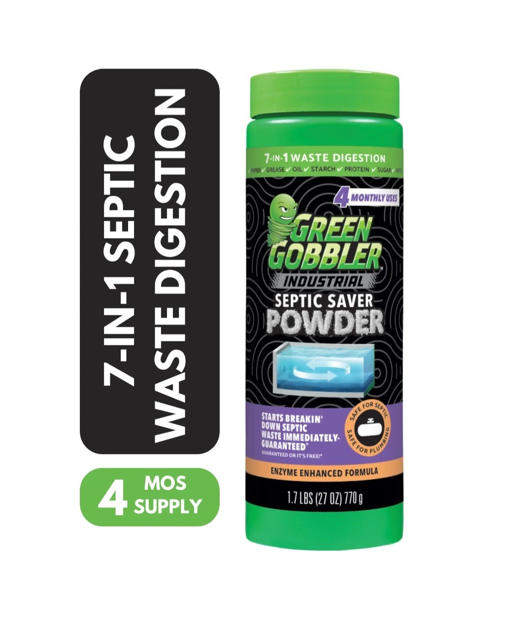 Green Gobbler Ind Septic Saver Tank Treatment Powder – 4 Monthly Doses, 1.7 lbs