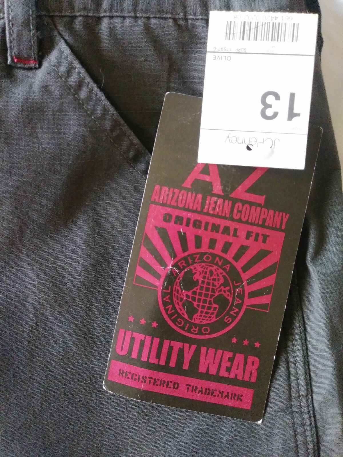 ARIZONA UTILITY WEAR SHORT PANTS 100% COTTON ORIGINAL FIT OLIVE SIZE 13 NWT JCPC