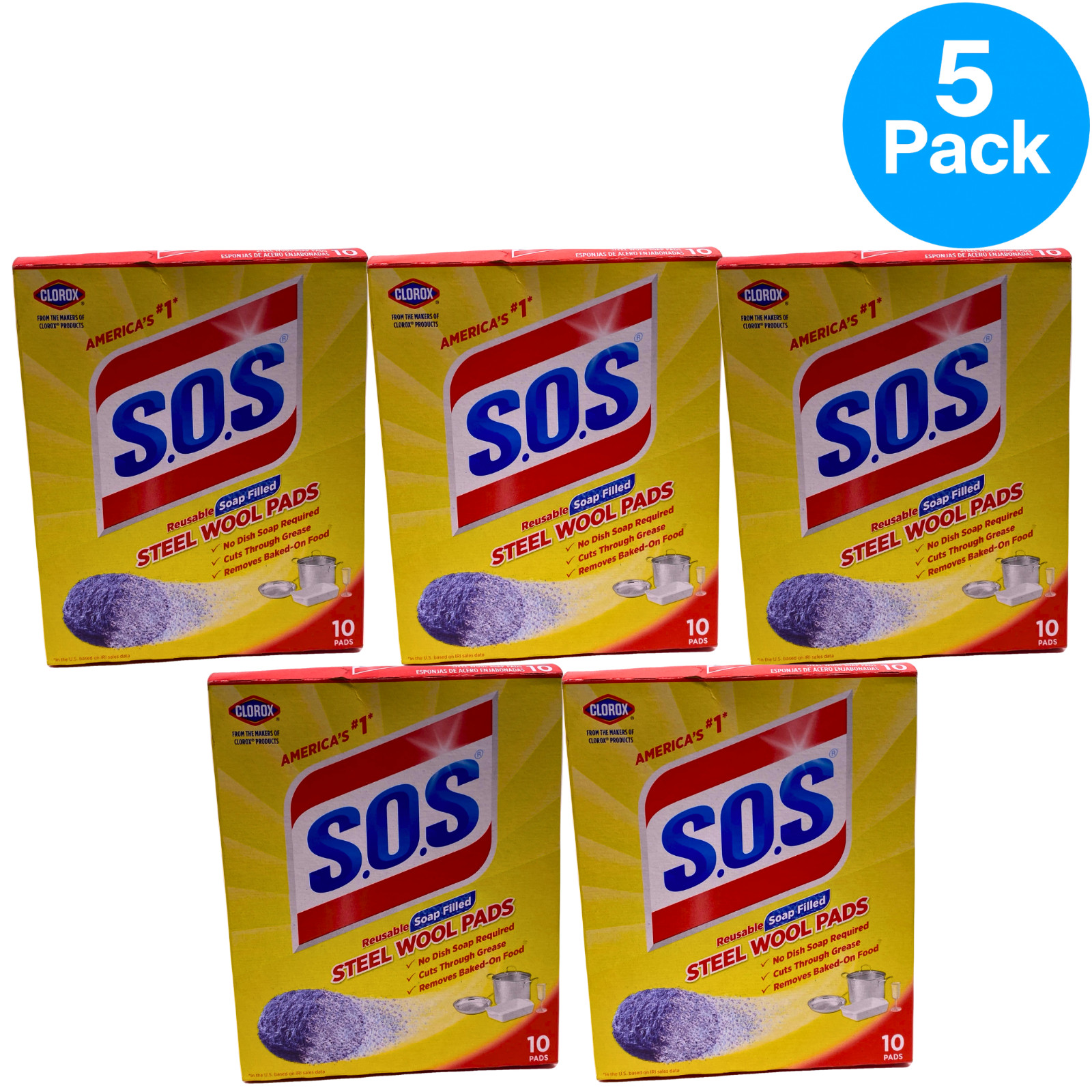 SOS Reusable Soap Filled Steel Wool Soap Pads 10 Count Box (5 Pack Bundle)