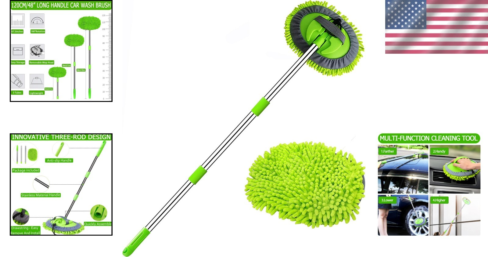 62″ Car Wash Brush Kit Mitt Mop Sponge with Long Handle Chenille Microfiber