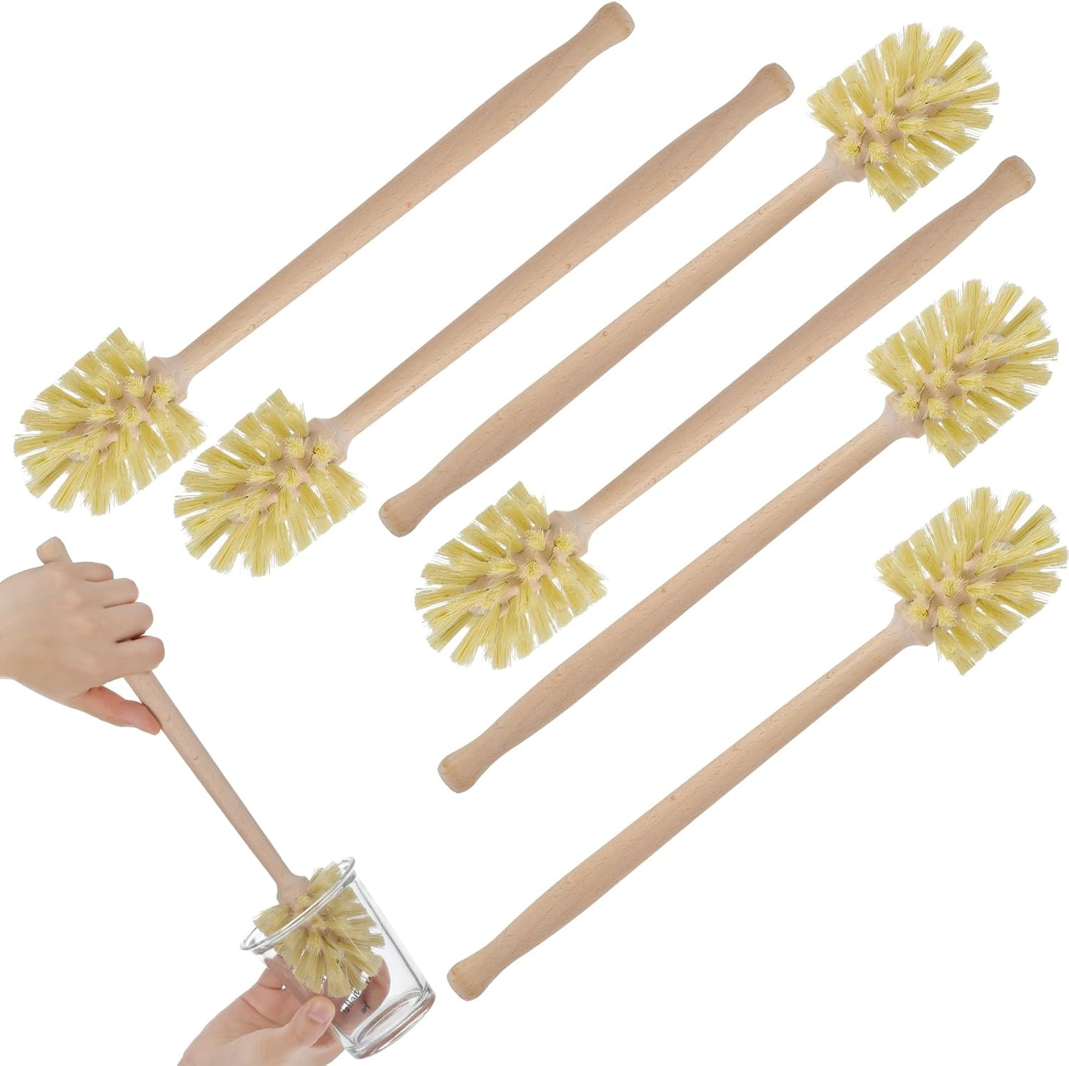 New 6 Pcs Bottle Brush Natural Wood Dish Brush Scrub with Long Beechwood Handle