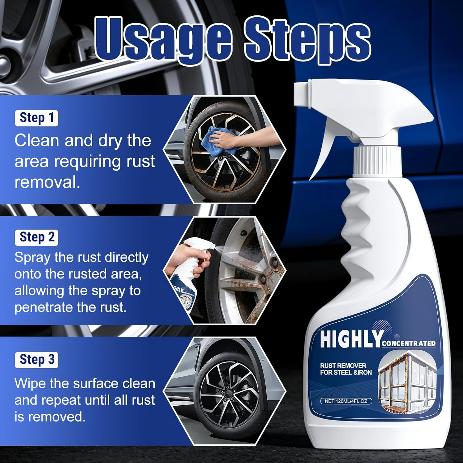 Rust Remover Spray Metal Cleaner Heavy Duty Fast Acting for Automotive Tools