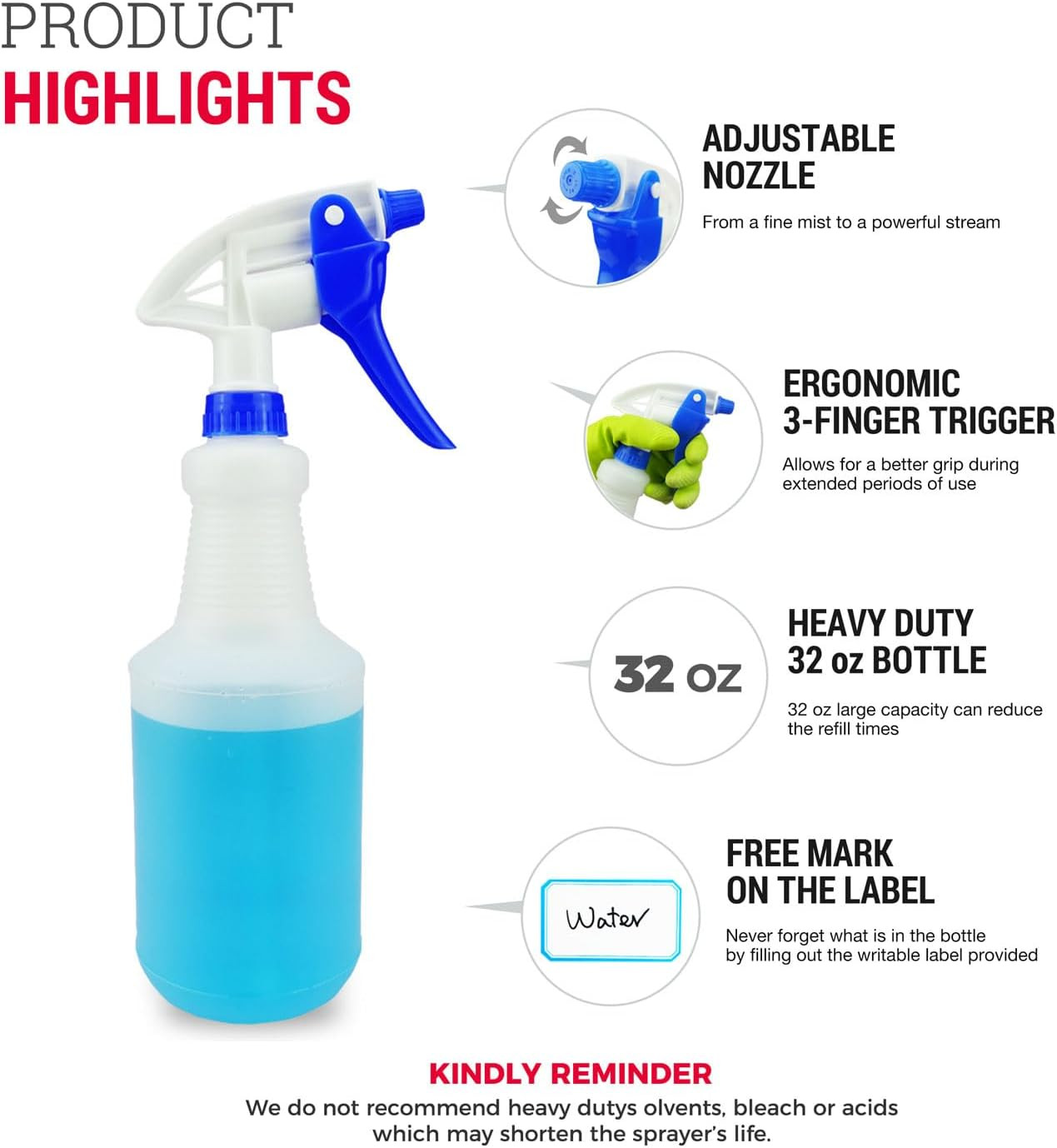 3X High Output Heavy Duty Spray Bottles for Cleaning Solutions, 3 Pack, 32 Oz Pr