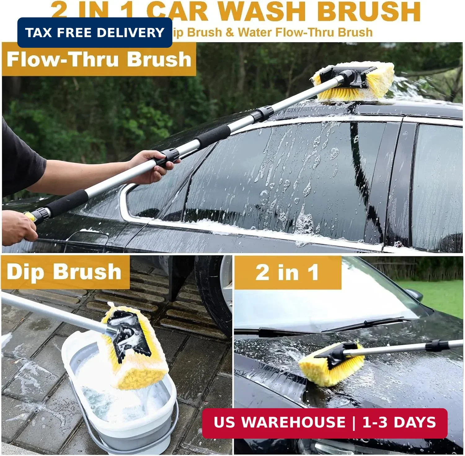 54″ Car Wash Brush with Long Handle and 12″ Soft Bristle Brush Head, Water Flow-