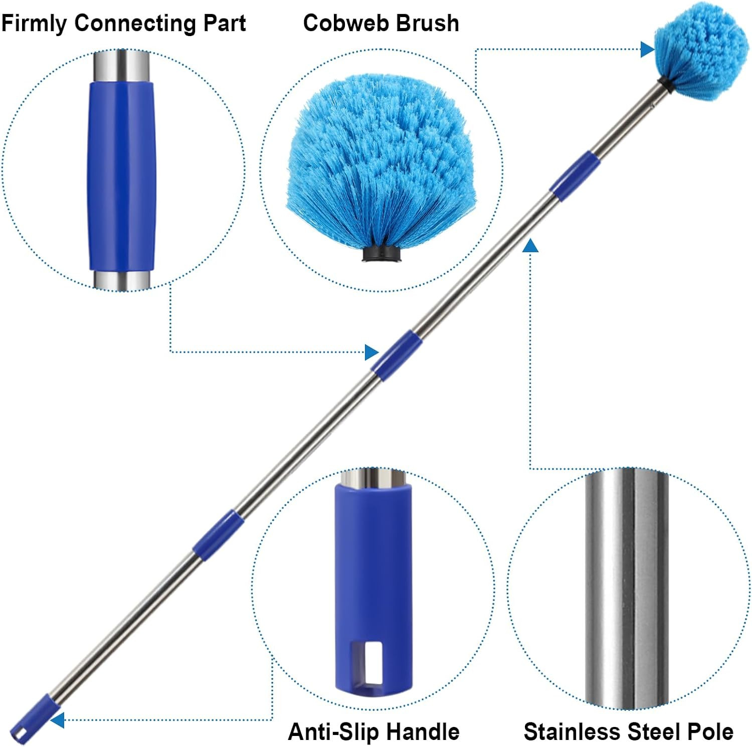 Cobweb Duster with Extension Pole, 4 FT Stainless Steel Pole with Spider Web Bru