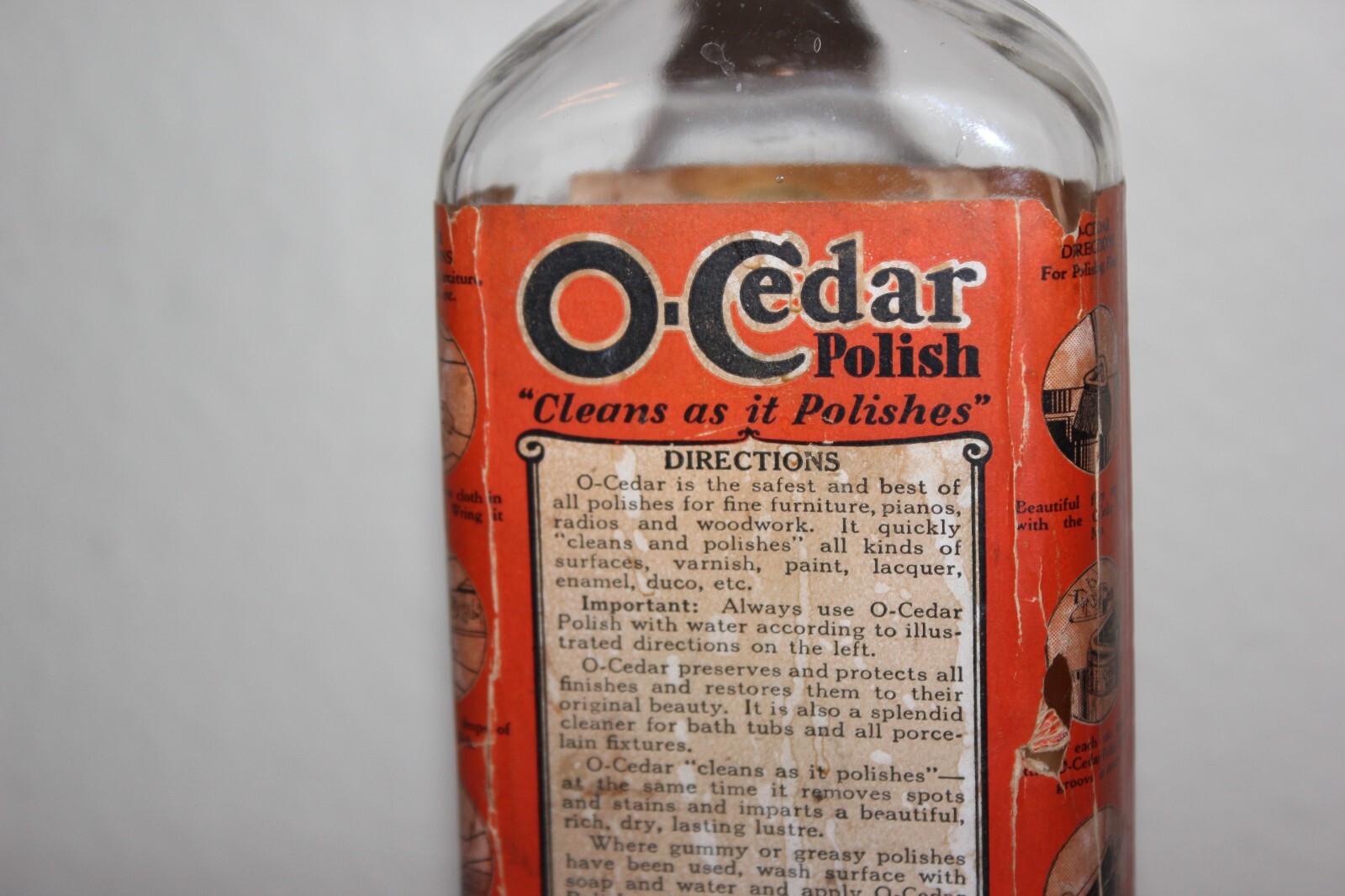 Antique O-CEDAR Polish Glass Bottle Paper Lable Wood Stopper Cap Advertising