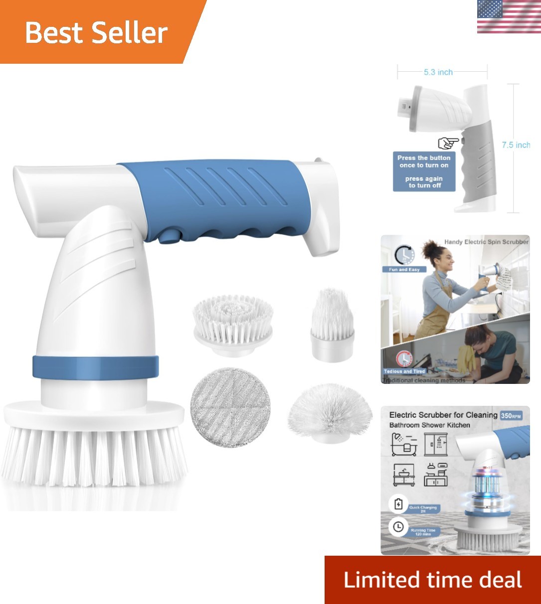 Electric Spin Scrubber, Electric Cleaning Brush Bathroom Shower Scrubbing Cle…