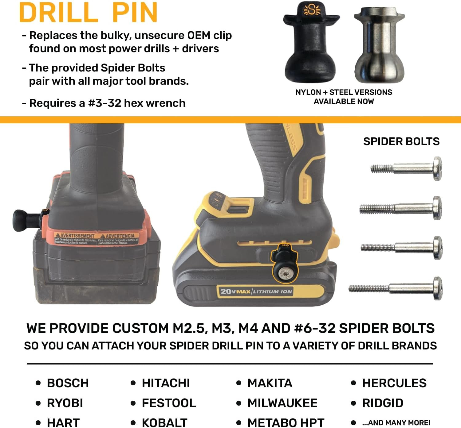 Tool Holster – Drill Pins – Pack of Three – Attaches to The Side of Any Brand Po