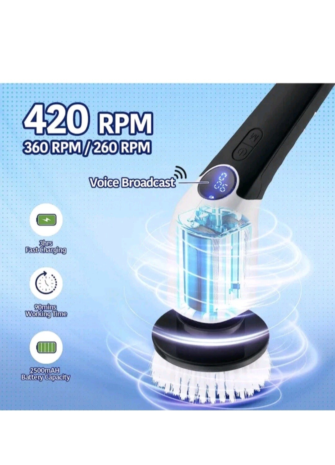 Voice-Prompted Cordless Spin Scrubber: 8 Brush Heads, Rechargeable Easy To Use
