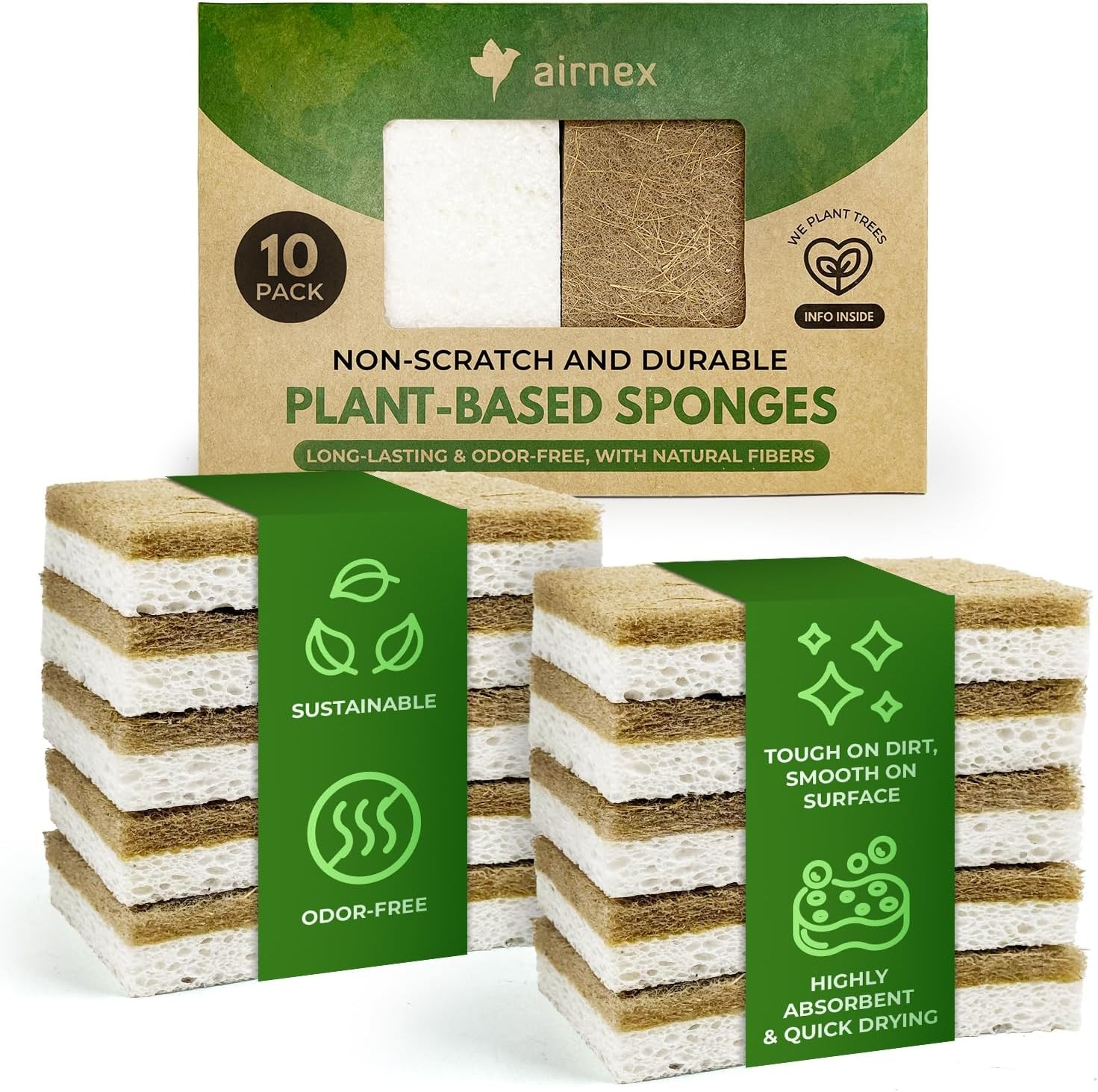 10 Pack Biodegradable Natural Kitchen Sponge – Compostable Cellulose and Coconut